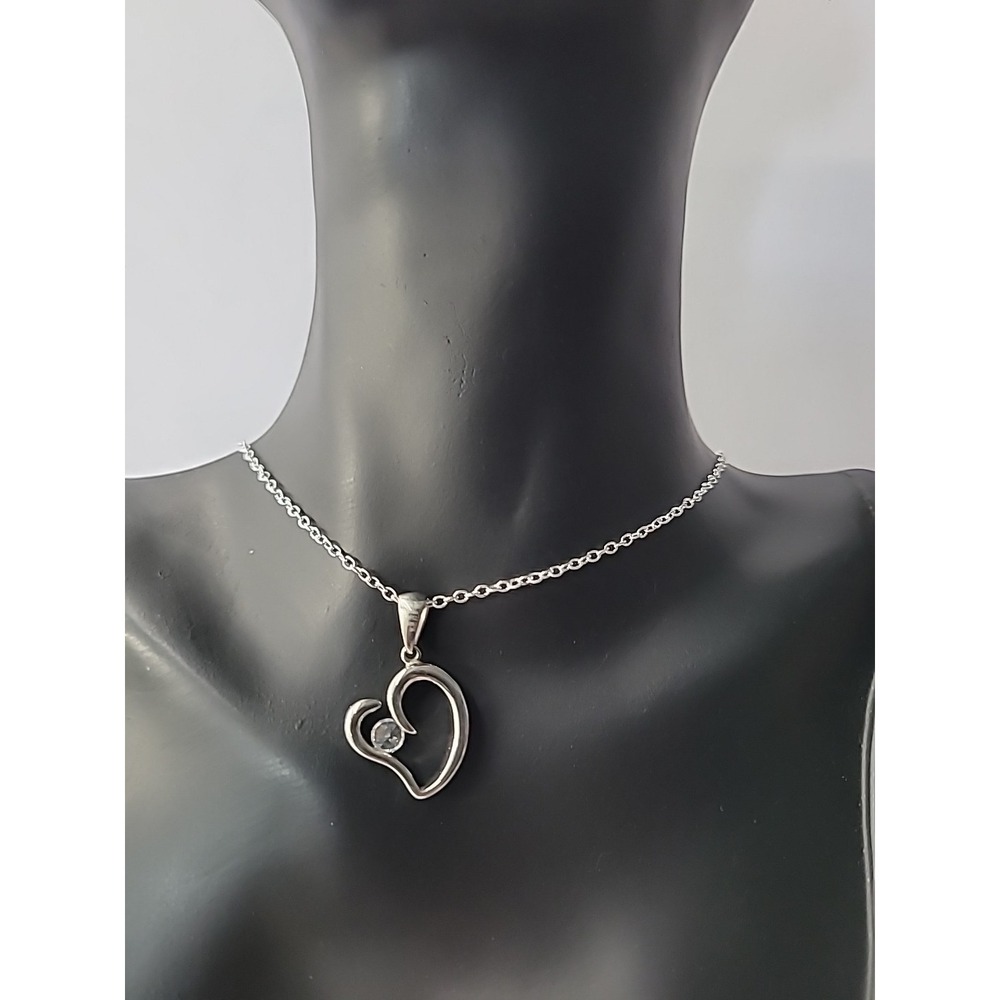 Vintage Necklace Pendant Heart Silver Tone Chain Crystal Jewelry Costume